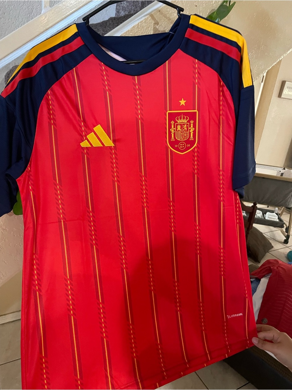 adidas Red & Navy Kids Spain Soccer Jersey with Yellow Accents